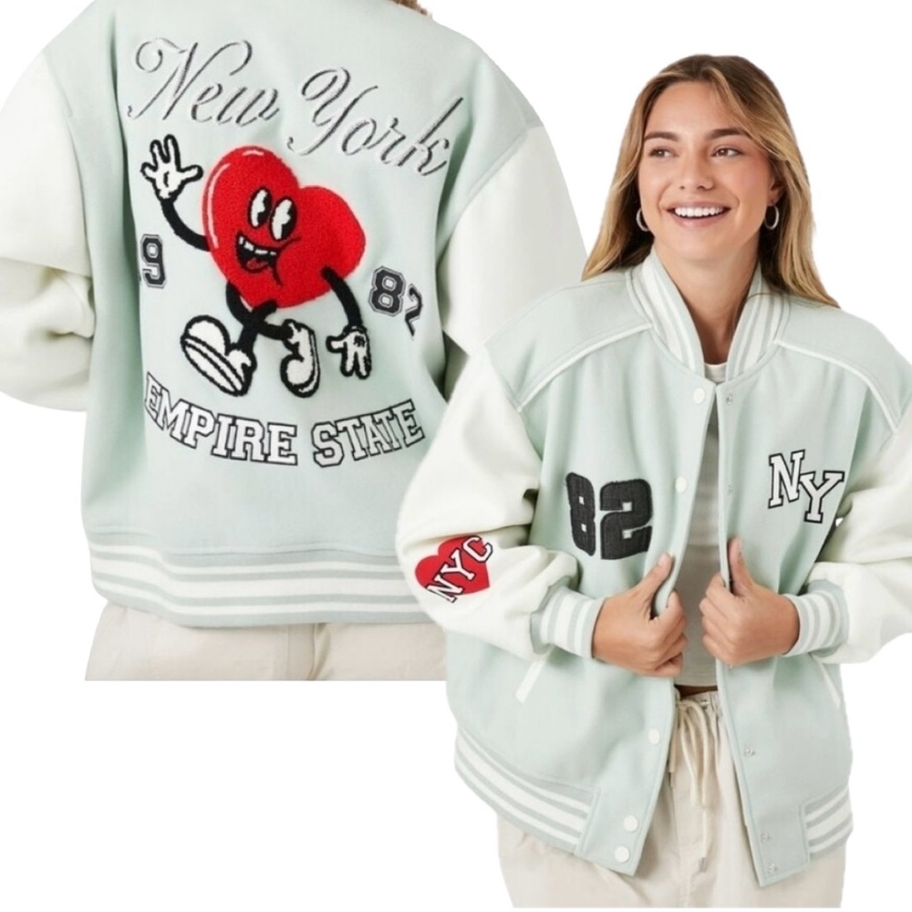 NEW YORK Empire State Varsty Letterman Embroidered Bomber Jacket Sz S Oversized